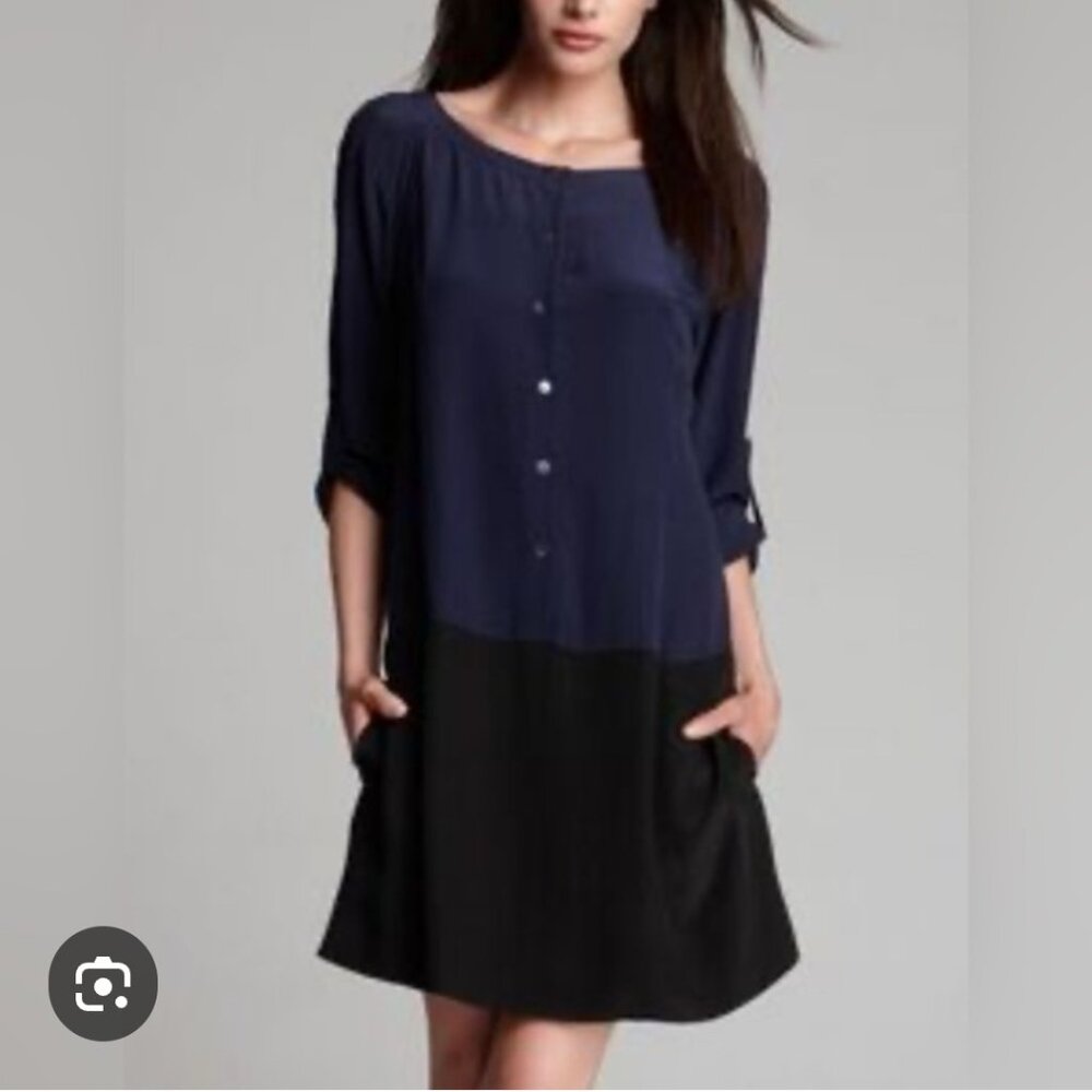 EILEEN FISHER 100% Silk Dress Womens Small Blue Black Colorblock Minimalist Chic